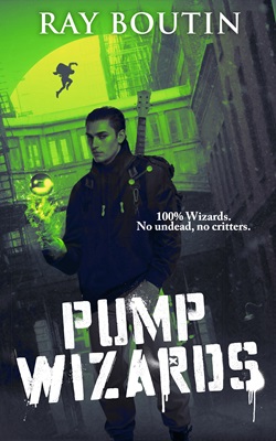 pump wizards book cover. portrait of a musician 
wizard in a city