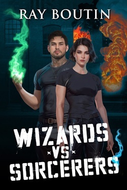 wizards vs sorcerers book cover. portrait of a muscular male wizard and
 a muscular female wizard with a building burning behind them.